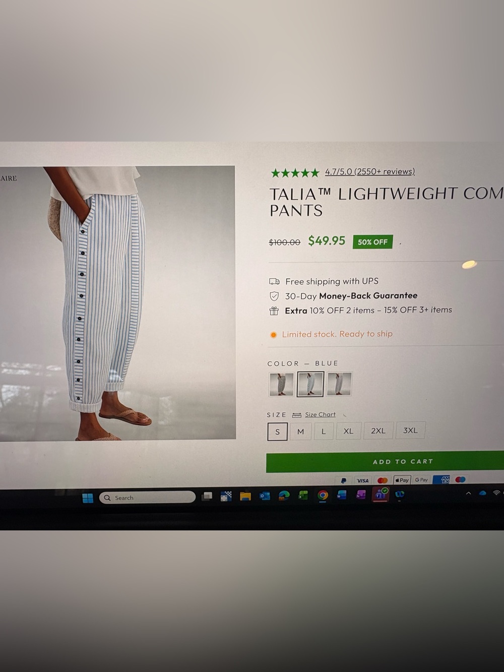 Striped Button-Trim Cropped Pants - Blue & White